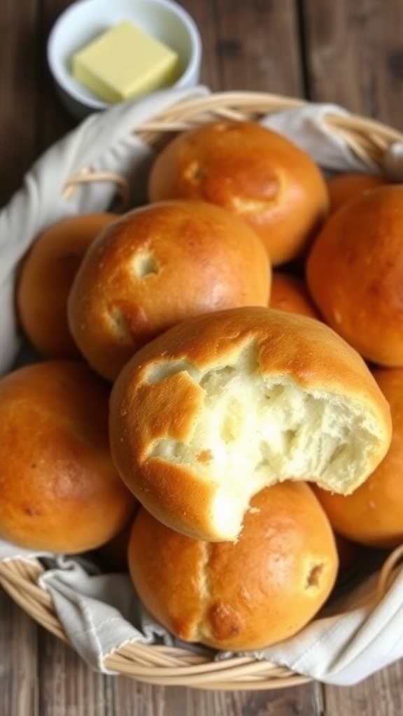 Homemade Sourdough Bread Rolls Recipe Freshly baked sourdough bread rolls in a basket, golden brown with a soft interior, on a rustic wooden table.